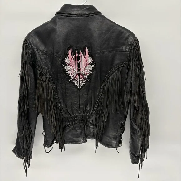 Vintage Western Genuine Leather Jacket Harley Davidson Patch Fringe Lace Women M - Picture 11 of 15